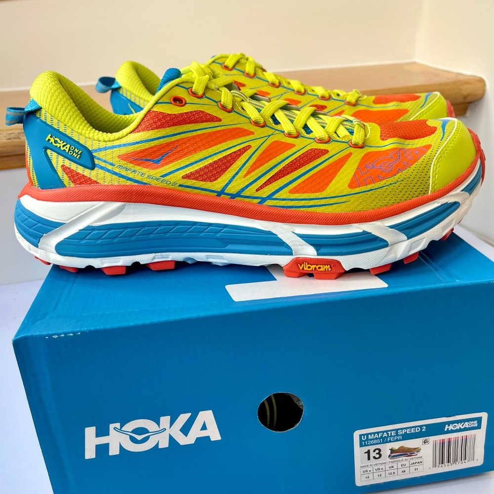 NWT Hoka Mafate Speed 2 Running Shoes Unisex Trail in Flame / Evening Primrose